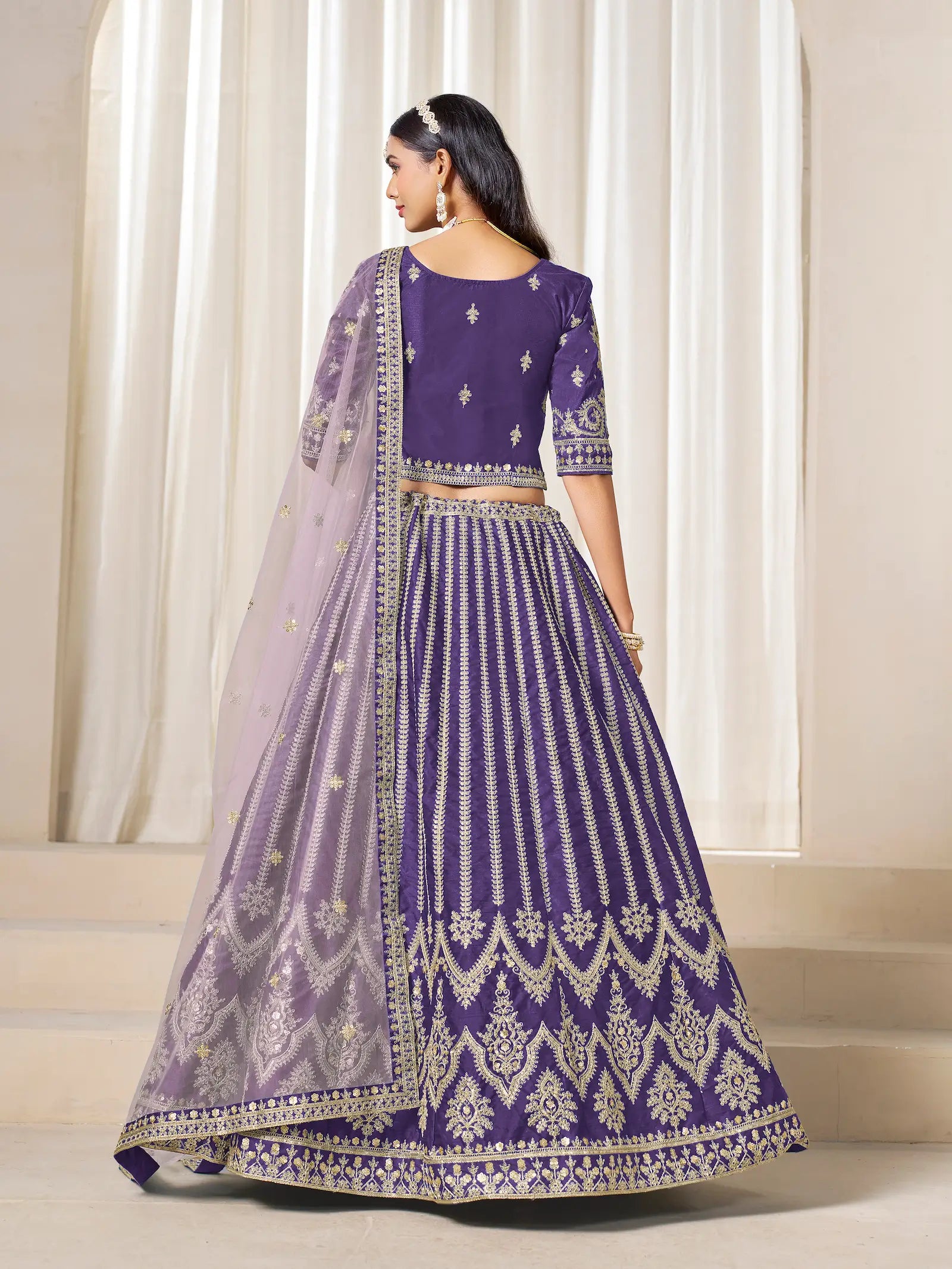 Purple Art Silk Thread & Sequins Embroidery Lehenga Choli - qivii