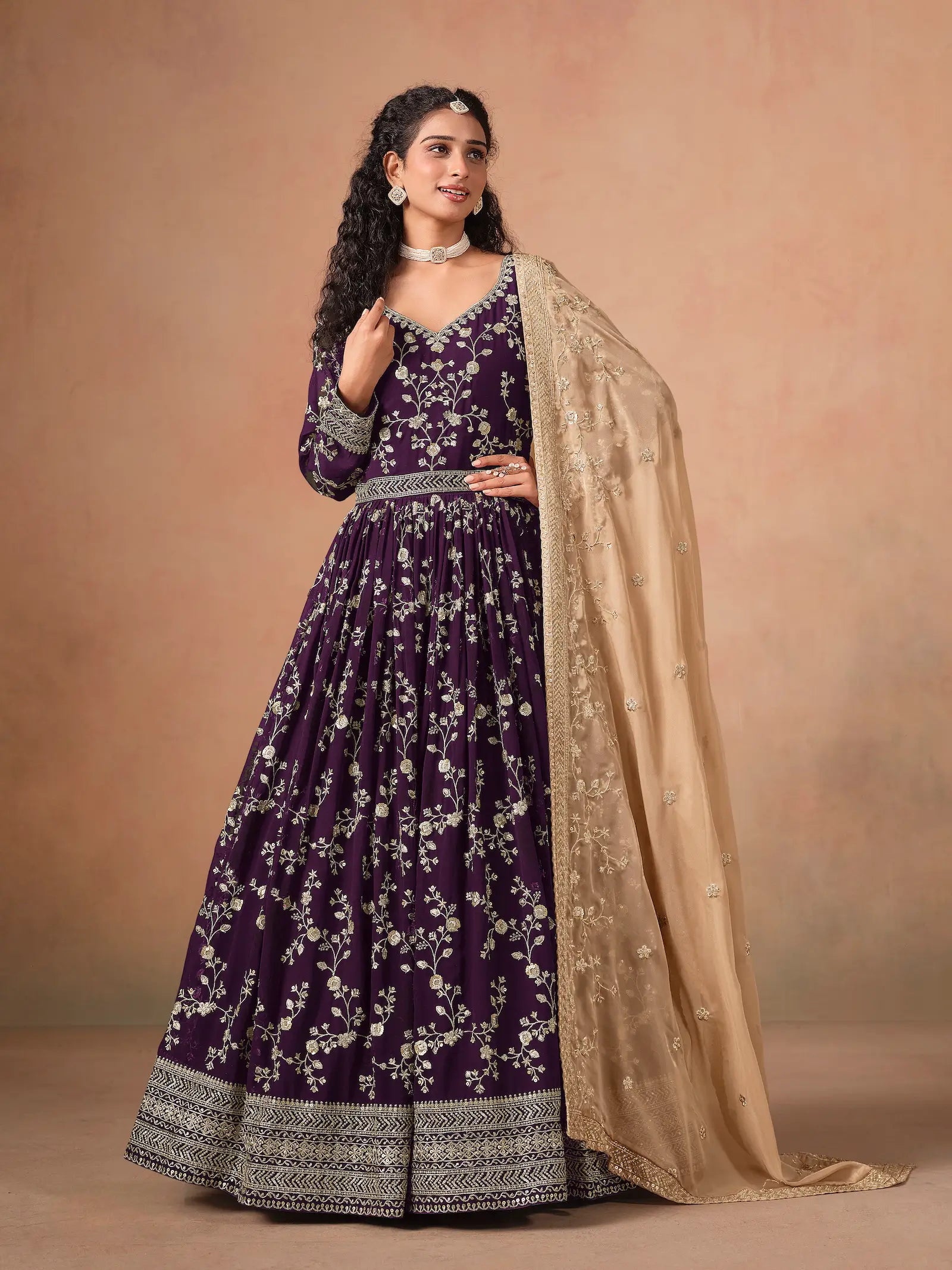 Purple Georgette Embroidery Gown With Organza Dupatta - qivii
