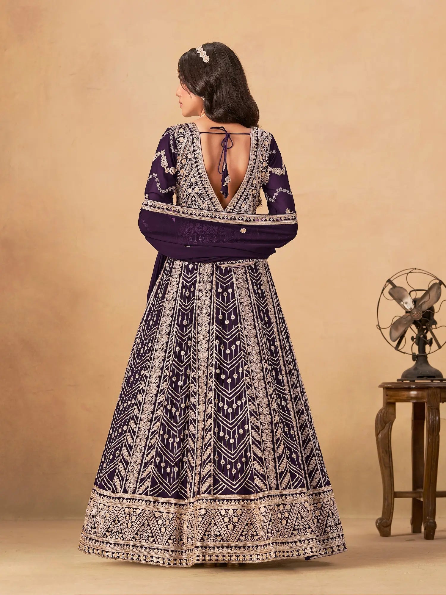 Deep Purple Georgette Embroidery Work Gown