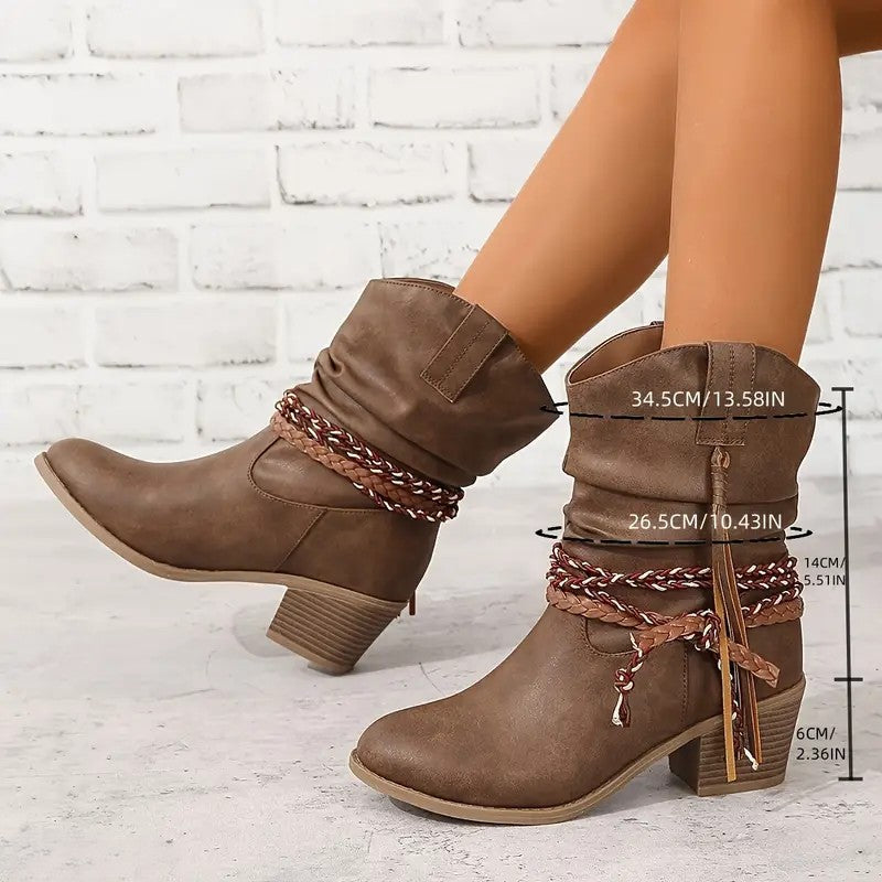 Women's Western Tassel Boots - Braided Buckle Cowboy Ankle Boots with Block Heel & Pointed Toe (US 5-10)