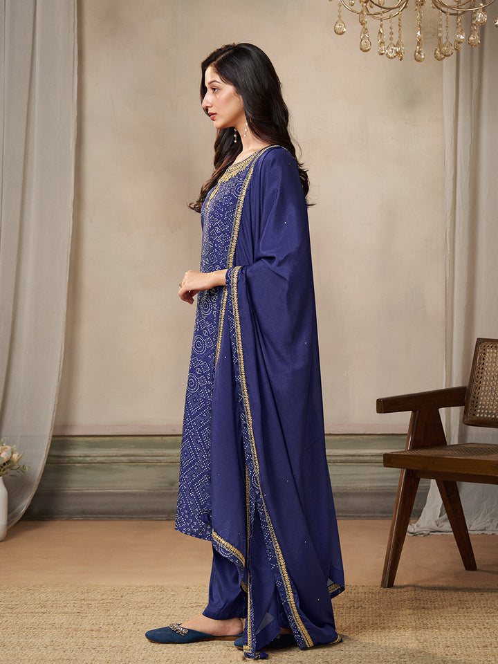 Blue Dola Bandhni Printed with Embroidery Kurta Suit Set