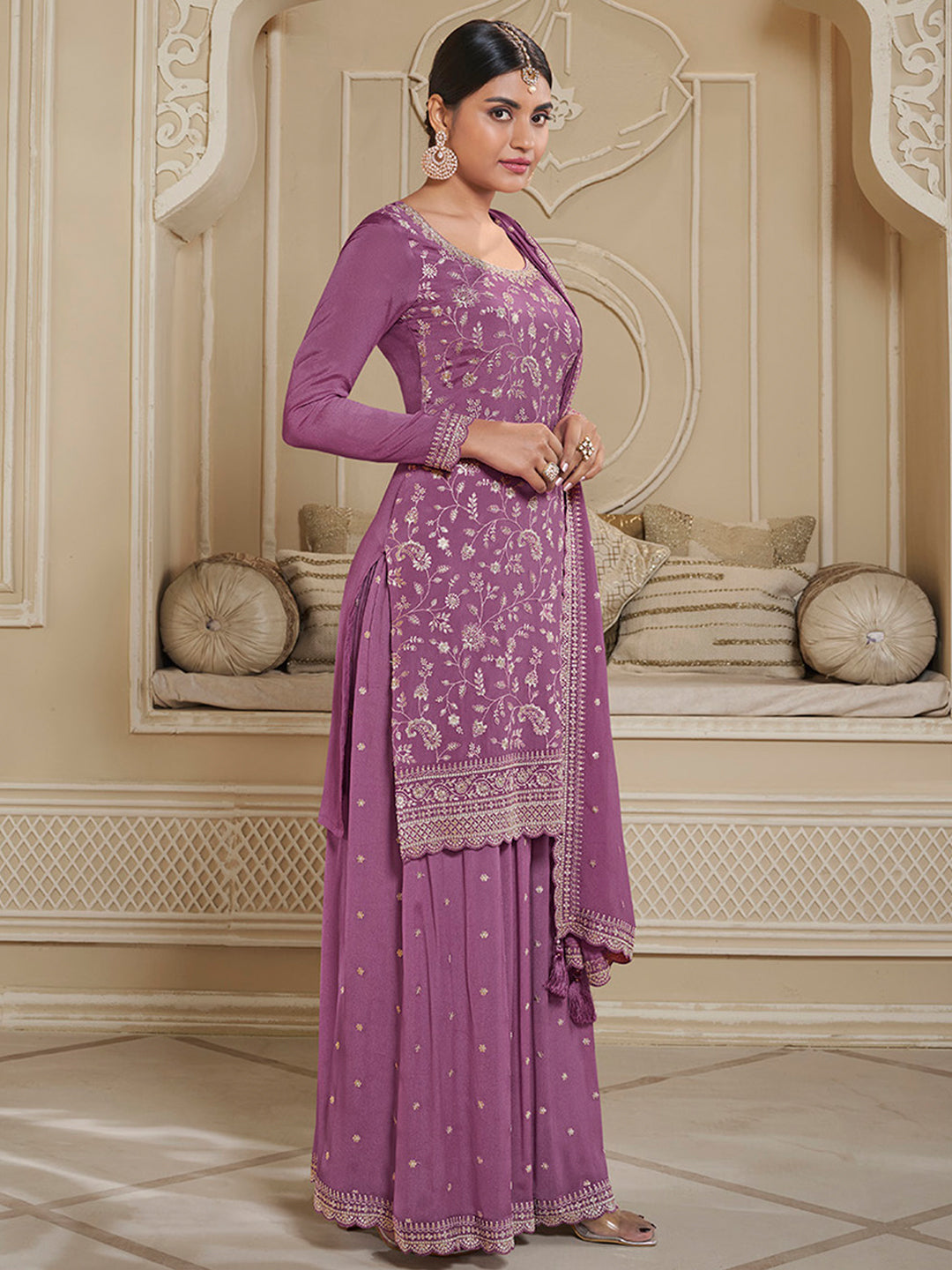 Twilight lavender Floral Pattern, Thread and Sequins Embroidered Sharara Suit Set by Qivii