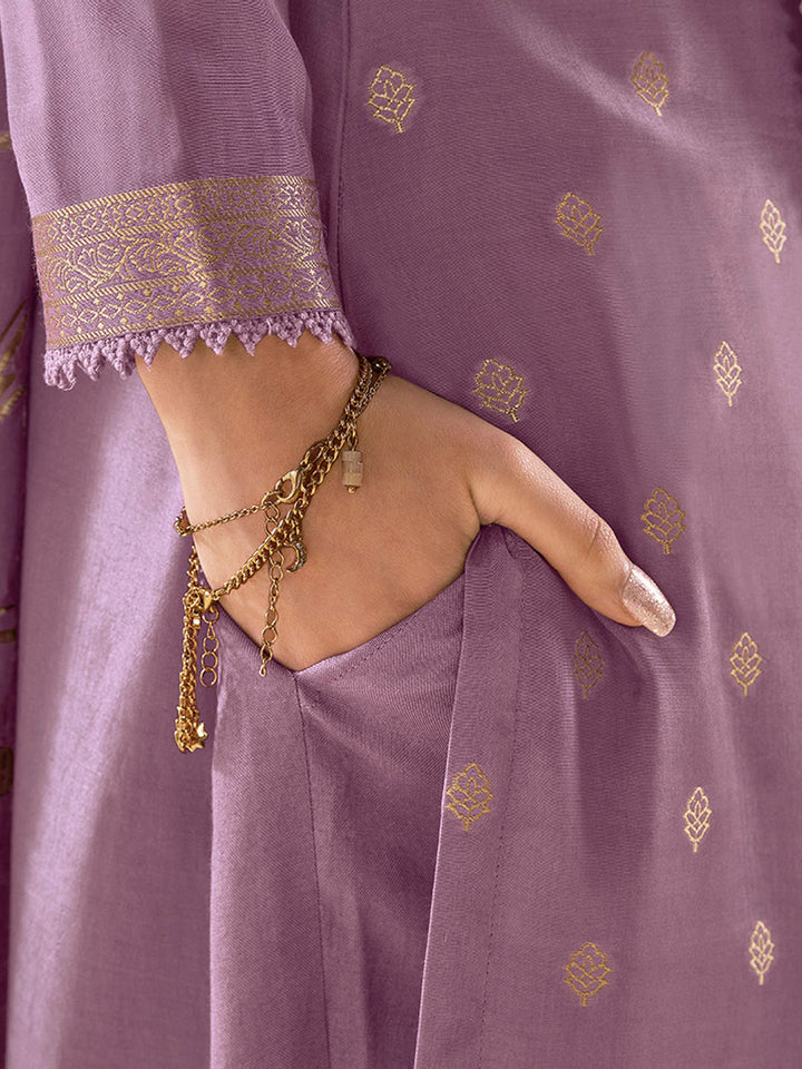 Wisteris Purple Muslin Jacquard Kurta Suit Set with Champagne Thread Weave and Pencil Sketch Weave Yoke by Qivii