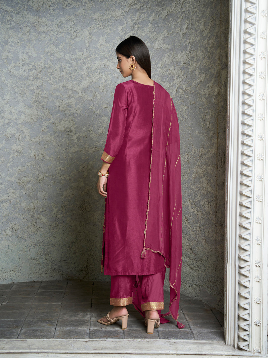 Light Wine Exquisite Placement Weaving Kurta Suit Set by Qivii