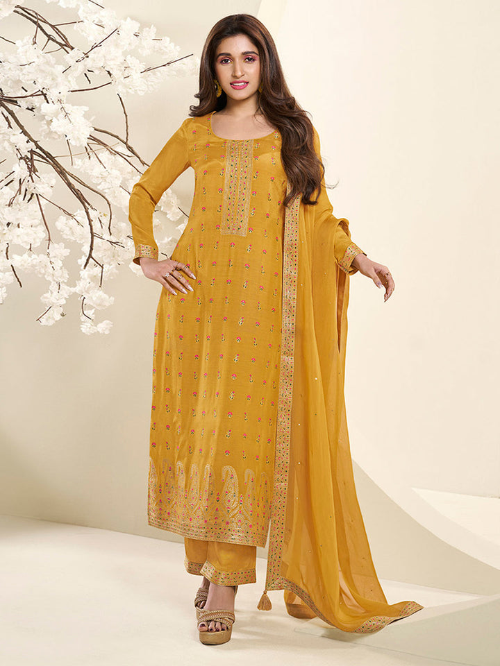 Amber Yellow Muslin Jacquard Kurta Suit Set by Qivii