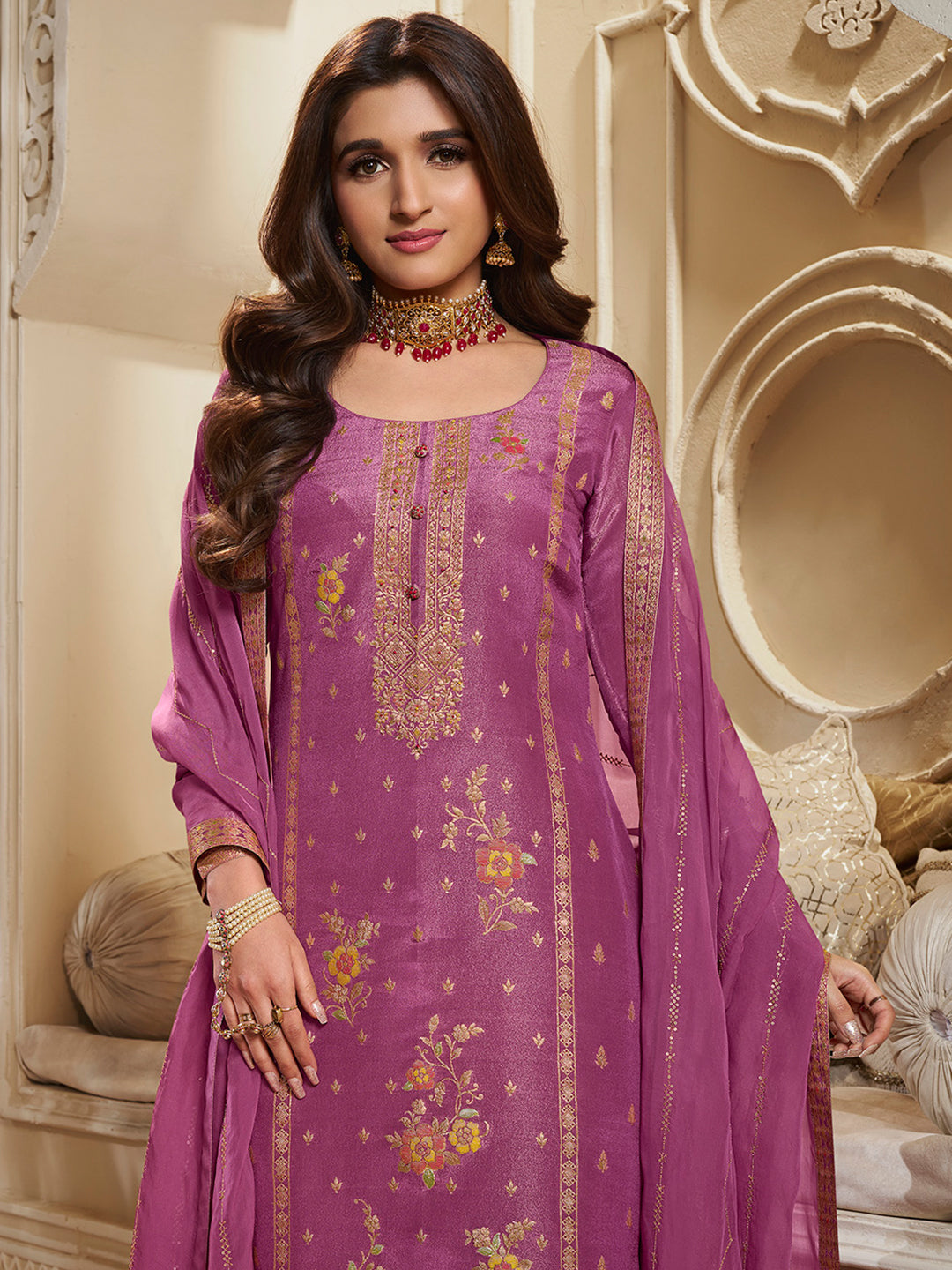 Pink Tissue Silk Meena Jacquard Designer Panel Work Kurta Suit Set by Qivii