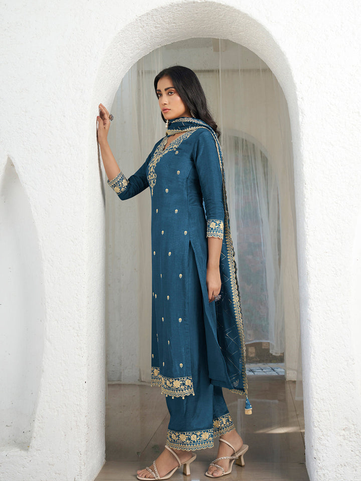 Teal Blue Threadwork Kurta Set with Dupatta by Qivii