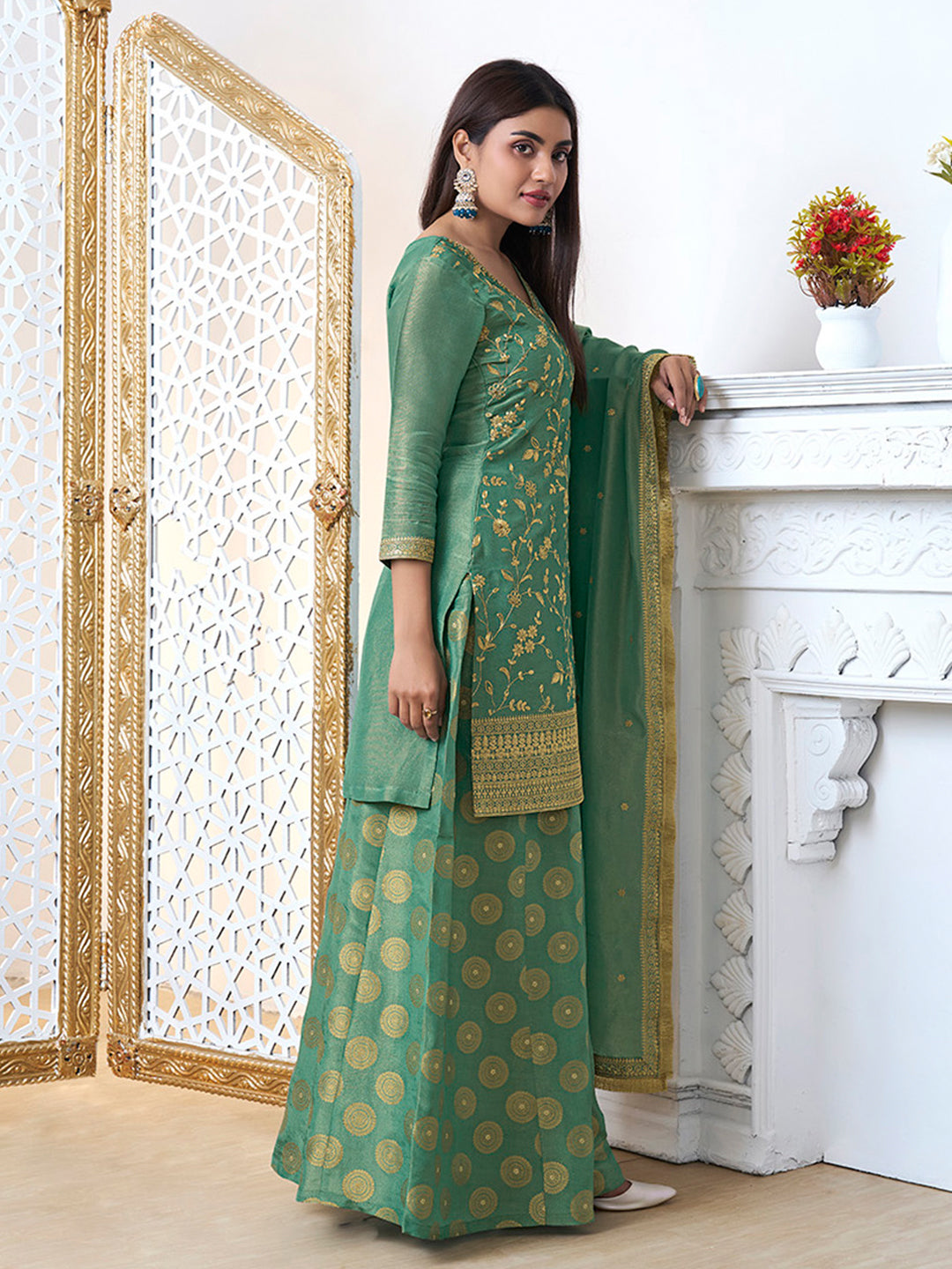 Sea-Green Tissue with Pitta work Gold Jhalar Dupatta Sharara Suit Set