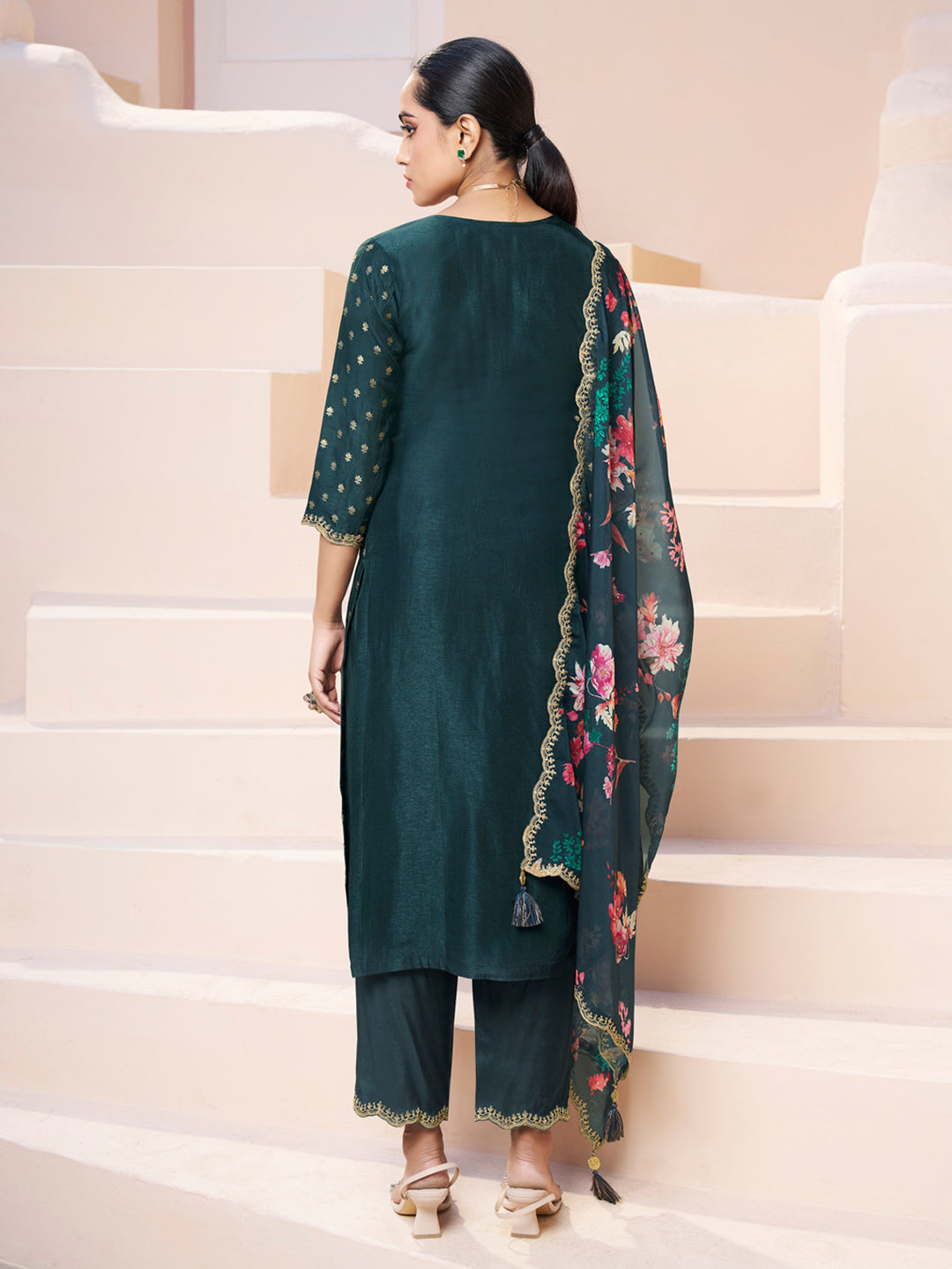 Dark Teal Green Applique Jacquard Kurta with Floral Print Dupatta by Qivii