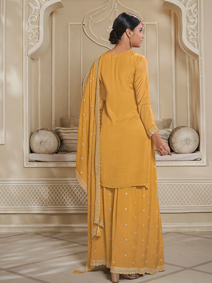 Yellow Floral Pattern, Thread and Sequins Embroidered Sharara Suit Set by Qivii