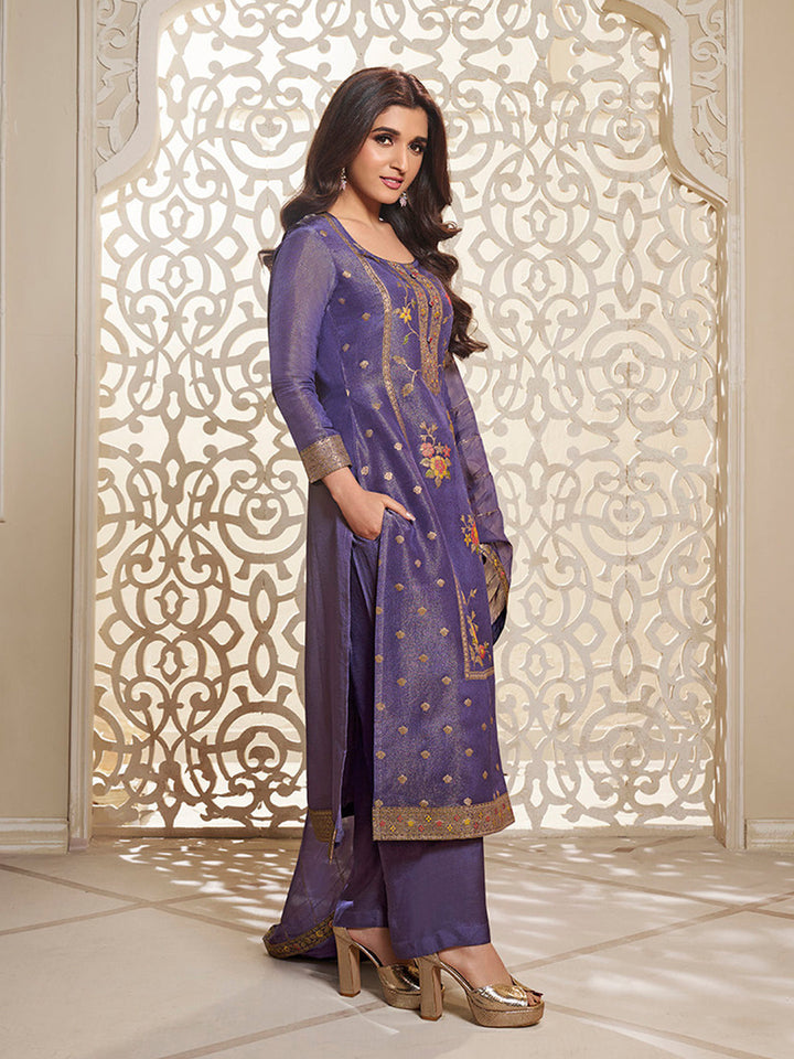 Purple Tissue Silk Meena Jacquard Designer Panel Work Kurta Suit Set by Qivii