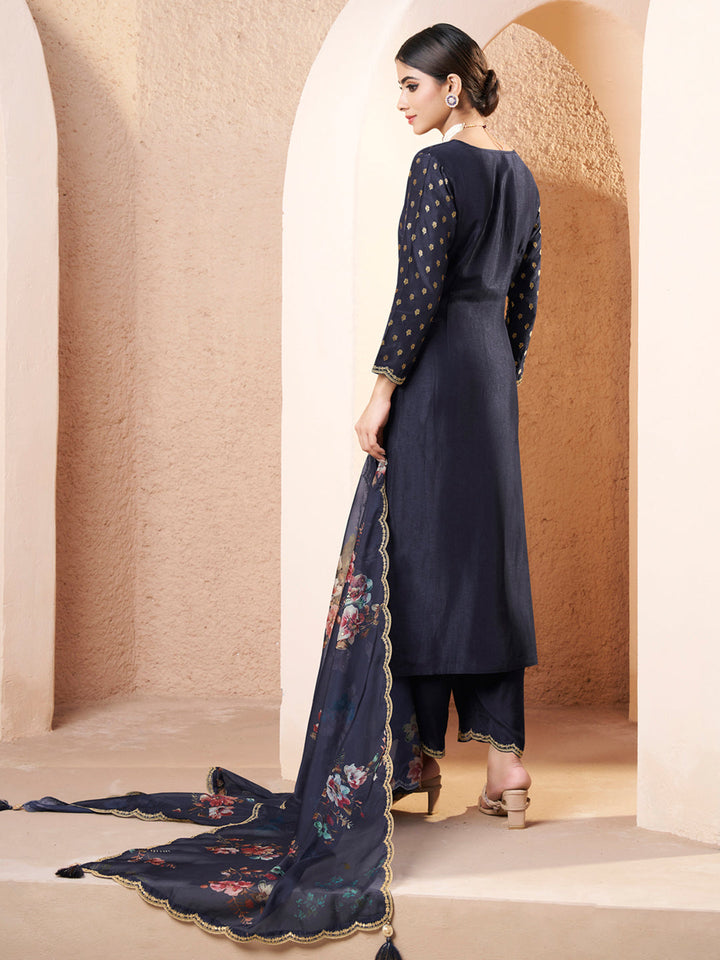 Dark Blue Black Applique Jacquard Kurta with Floral Print Dupatta by Qivii