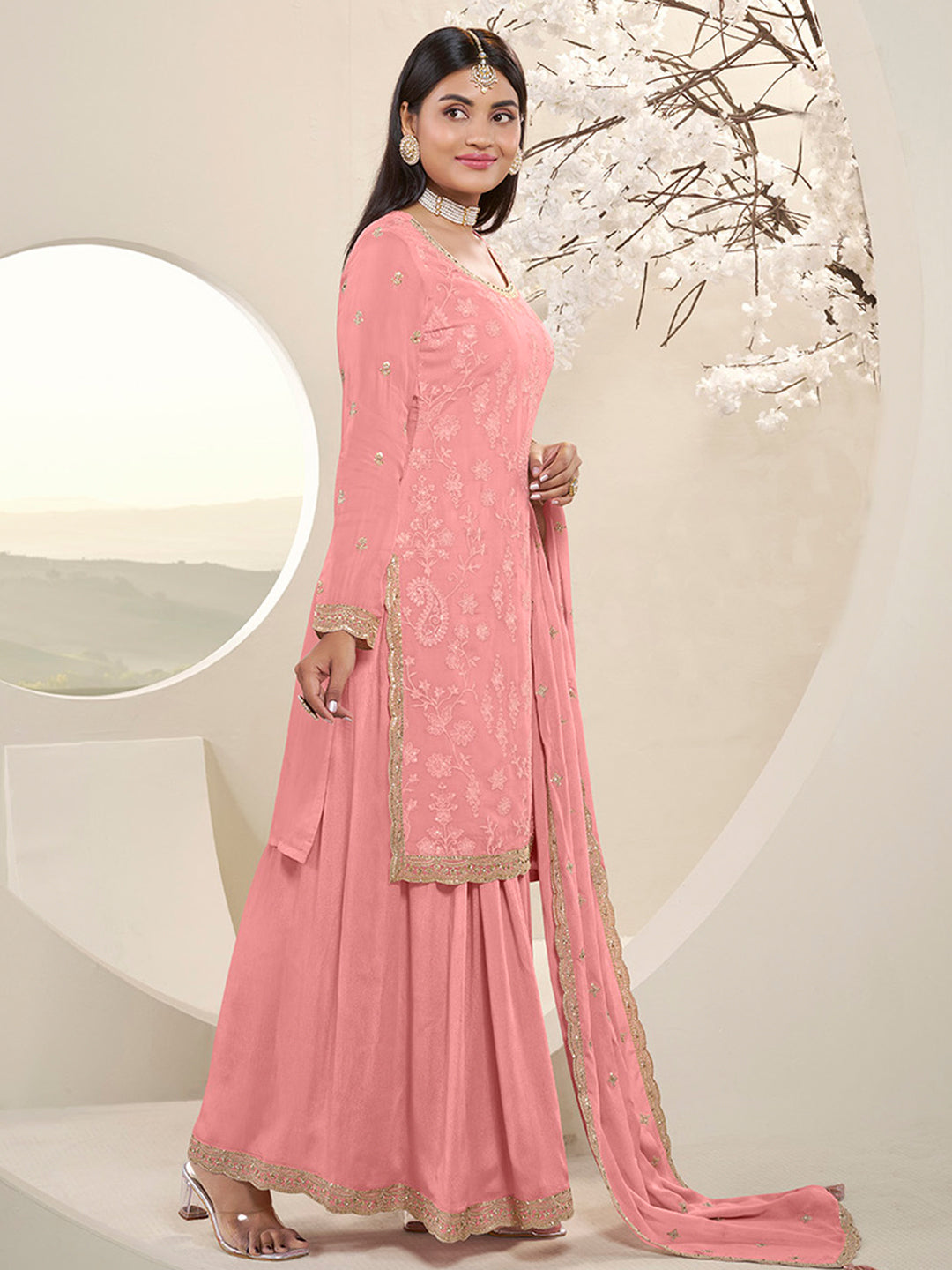 Peach Pink Floral Pattern, Thread with Sequins & Zari Embroidered Sharara Suit Set by Qivii