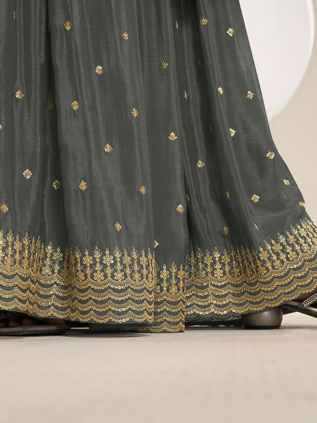 Grey Multi Colour Floral Thread & Embroidered Sharara Suit Set