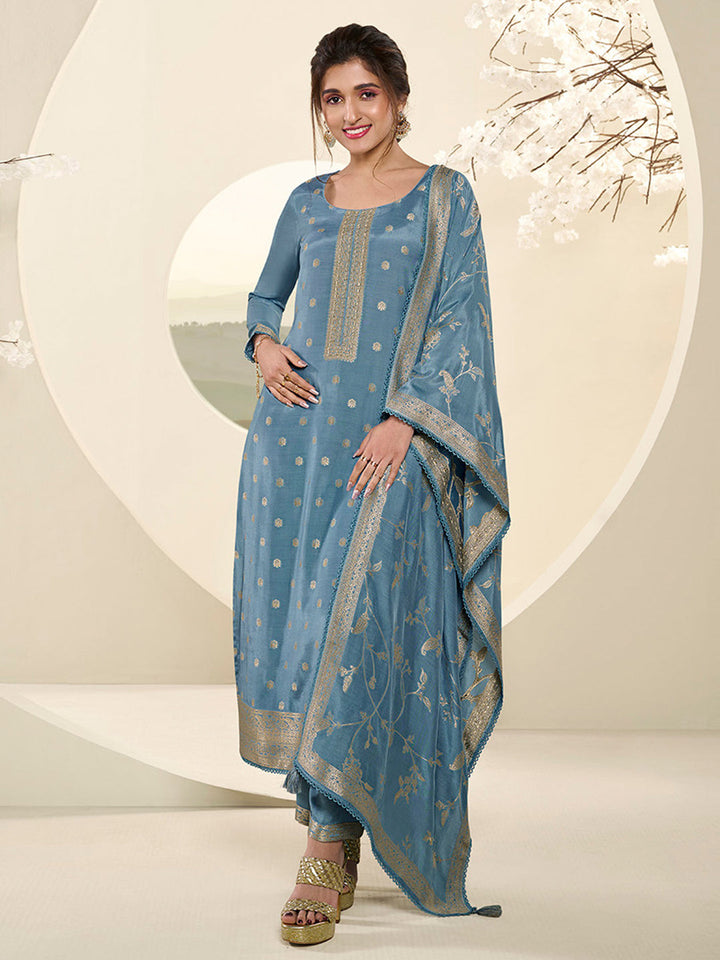 Sky Blue Muslin Jacquard Kurta Suit Set with Champagne Thread Weave and Pencil Sketch Weave Yoke by Qivii