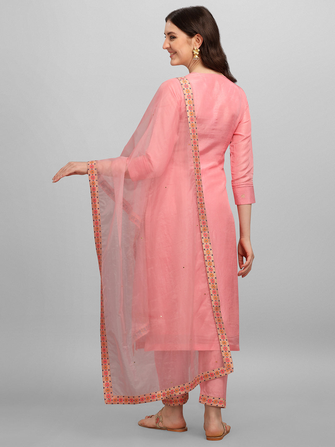 Peachish Pink Meena Jacquard Kurta Suit Set by Qivii