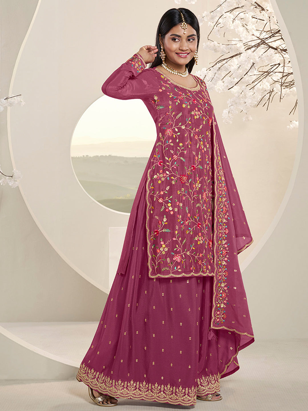 Dark Pink Sharara Suit Set with Floral & Embroidery Design