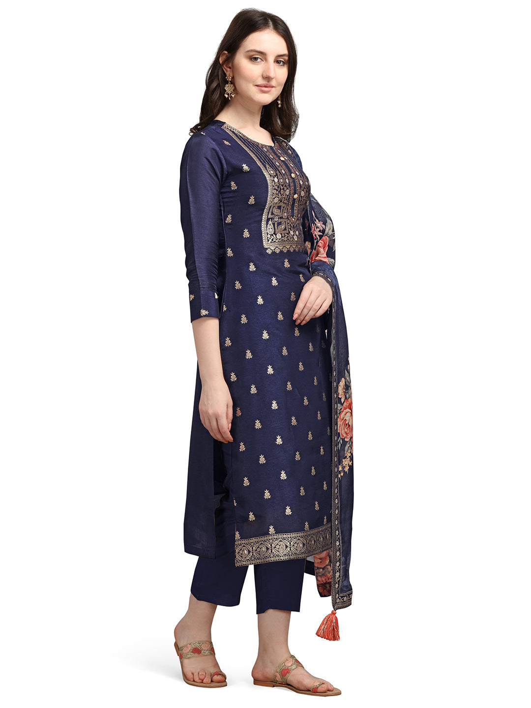 Dark Indigo Jacquard Kurta Suit Set by Qivii