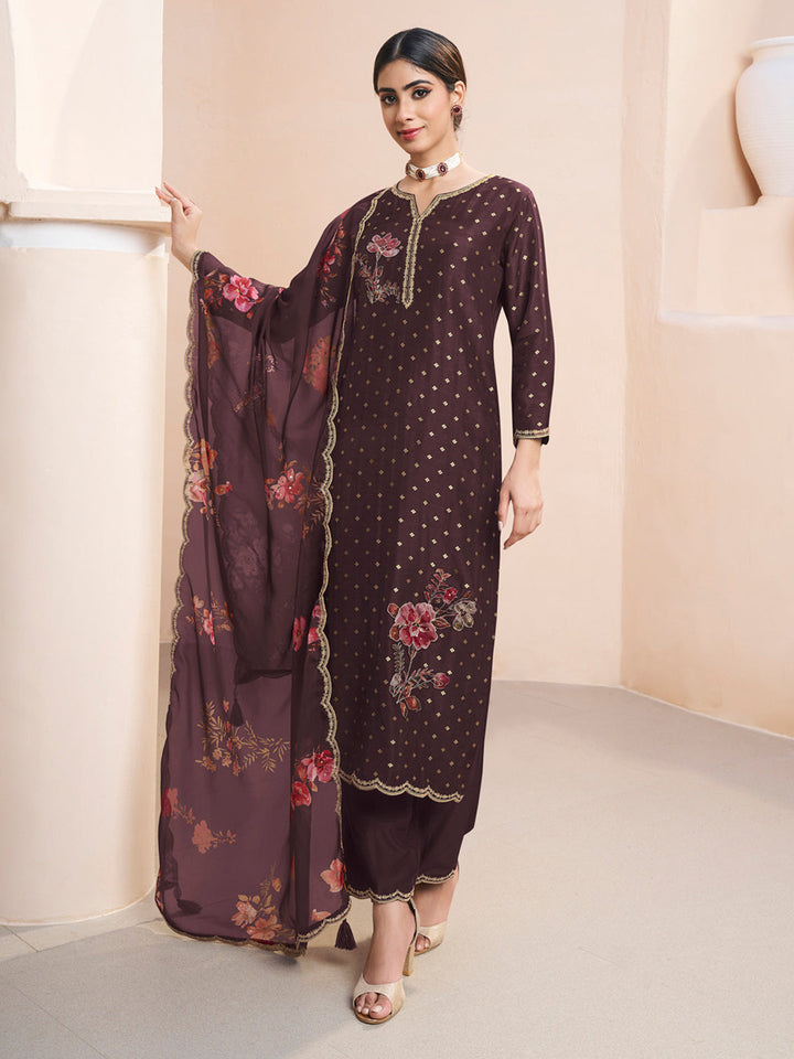 Seal Brown Applique Jacquard Kurta with Floral Print Dupatta by Qivii