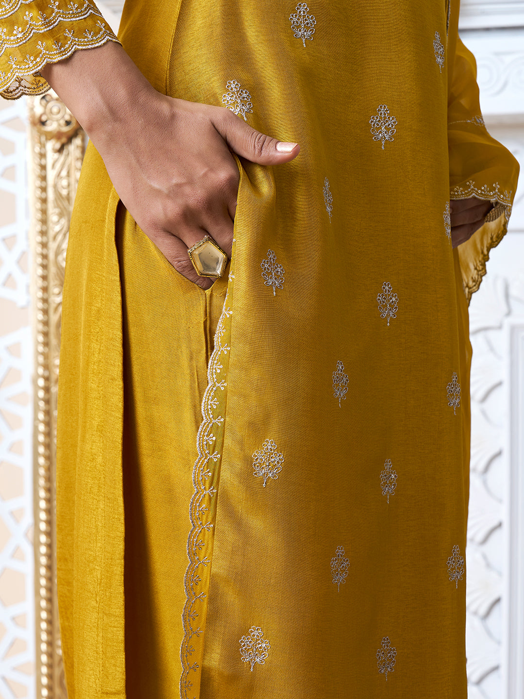 Mustard Yellow Cutwork Neckline Dola Silk Kurta Suit Set with Floral Aplique Dupatta by Qivii