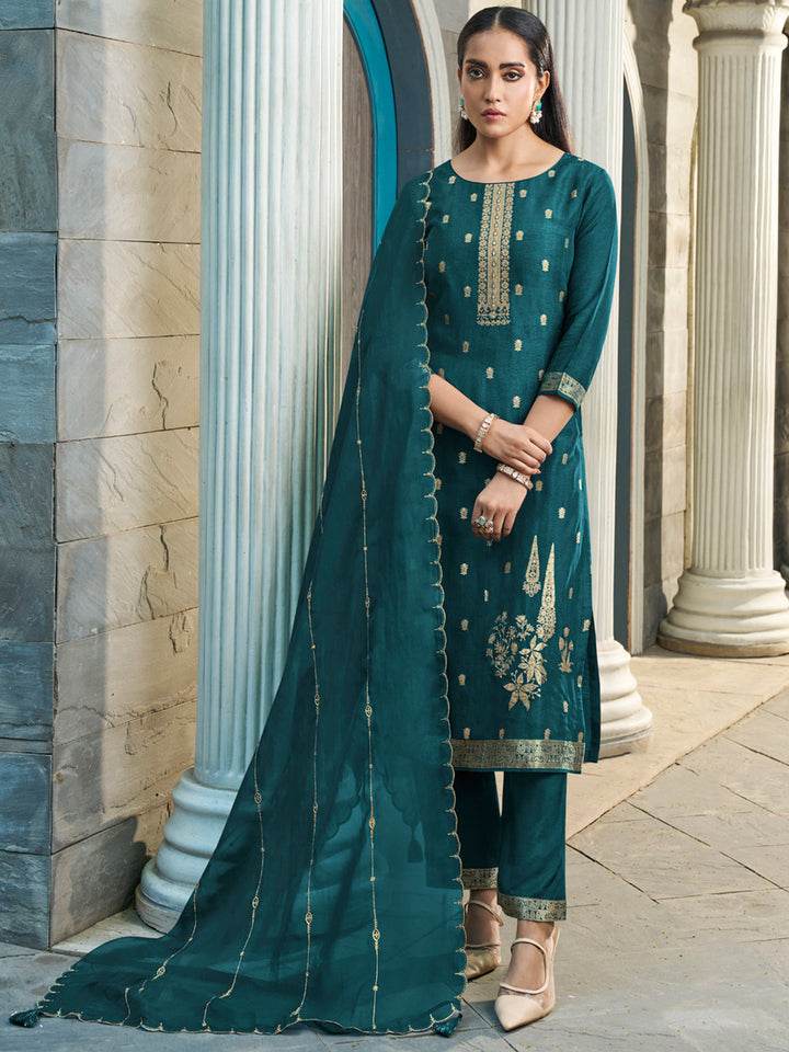 Exquisite Dark Teal Green Jacquard Kurta Suit by Qivii