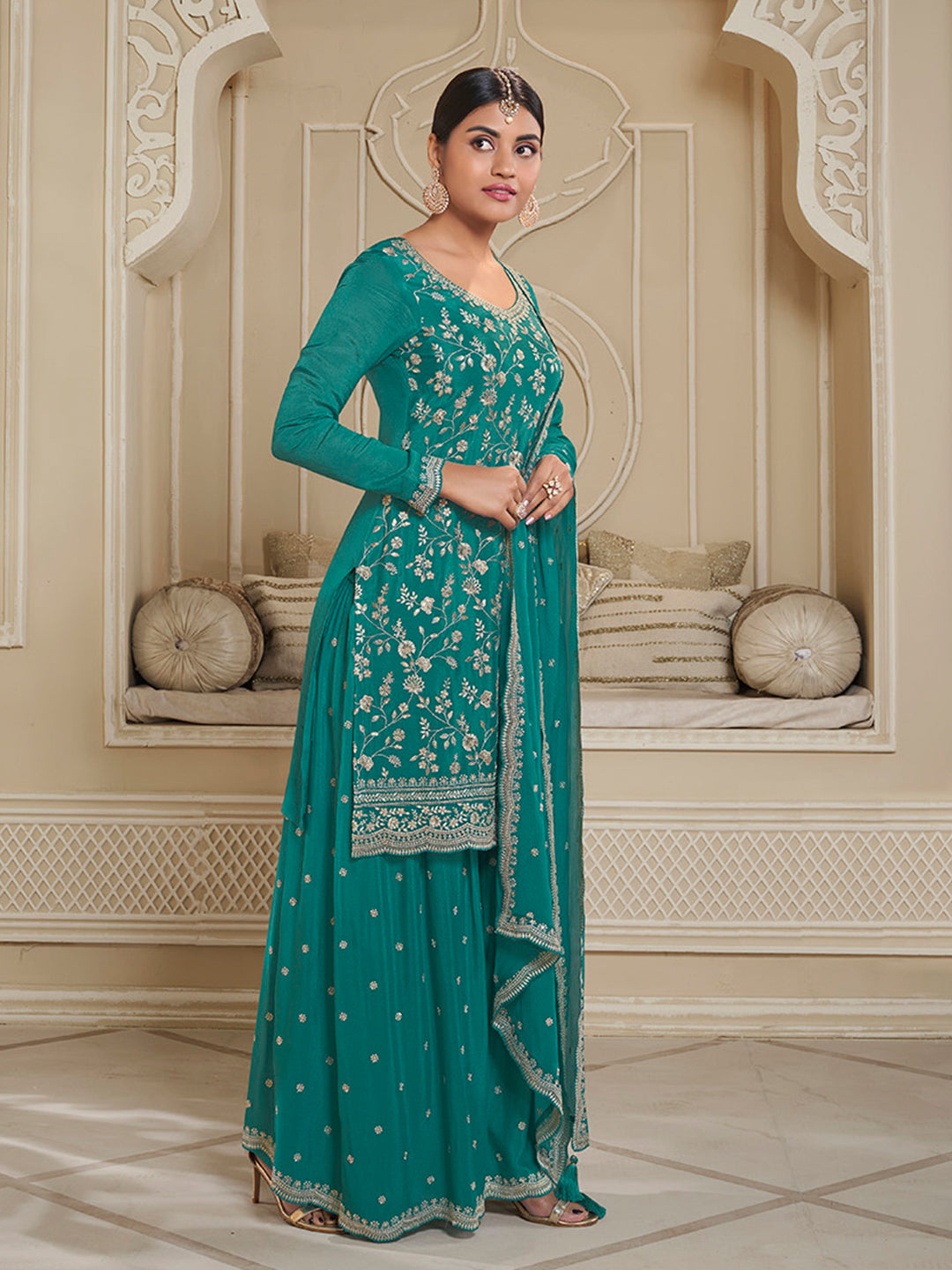 Turqouise Floral Pattern, Thread and Sequins Embroidered Sharara Suit Set by Qivii