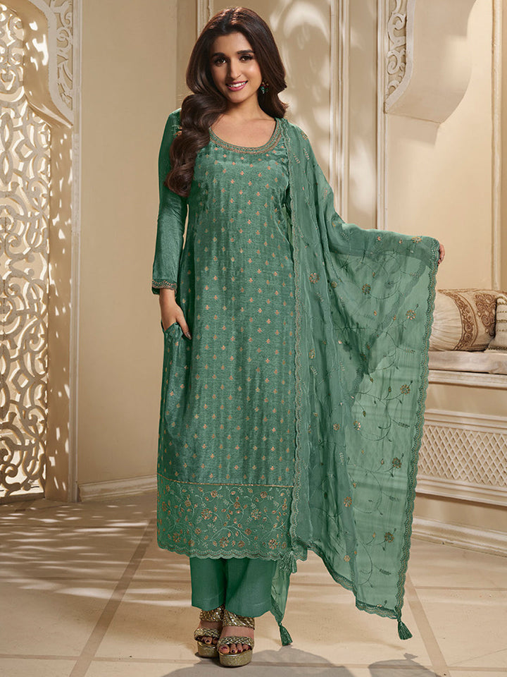 Green Dola Jacquard Kurta Suit Set with Embroidered with Thread and Sequins Work by Qivii