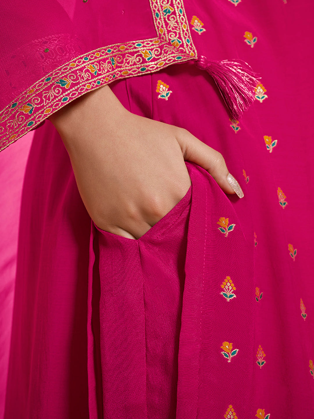 Ruby Pink Muslin Jacquard Top with Santoon Bottom and Organza Dupatta