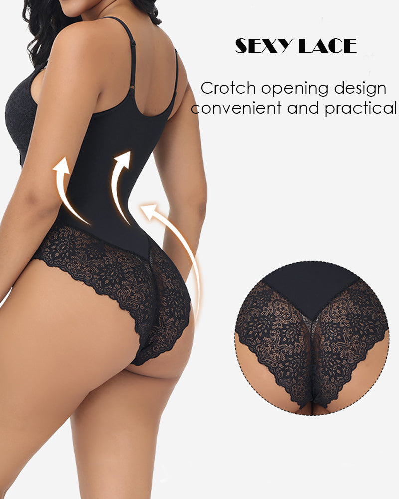 Women's Lace Sheer Spaghetti Strap Cami Bodysuit Sleeveless One Piece Shapewear  - By Qivii