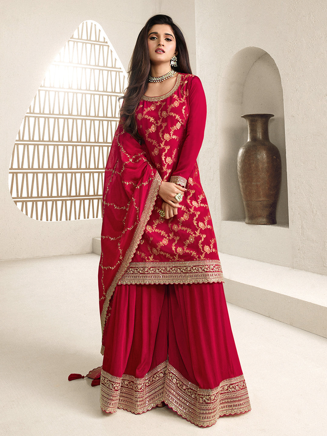 Red Bridal Sharara Suit Set with Jacquard and Embroidery