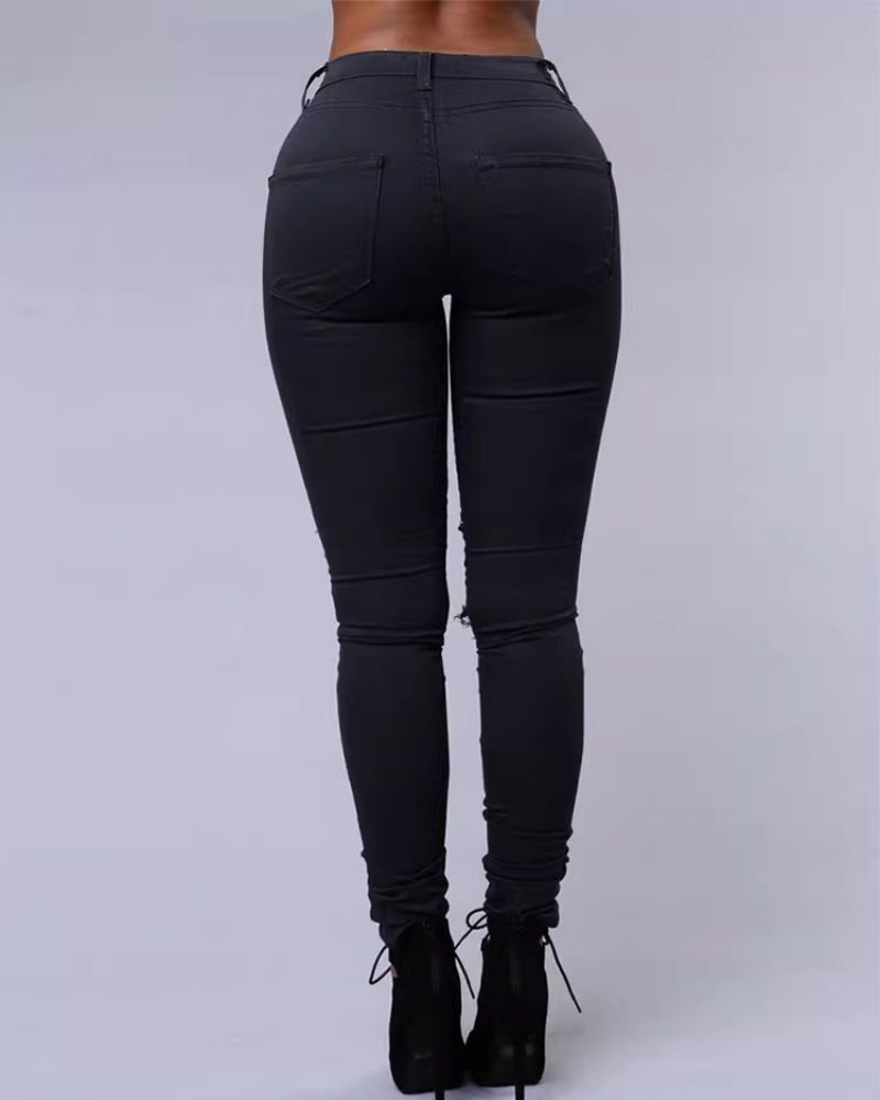 High-waist Stretch Ripped Skinny Jeans  - By Qivii