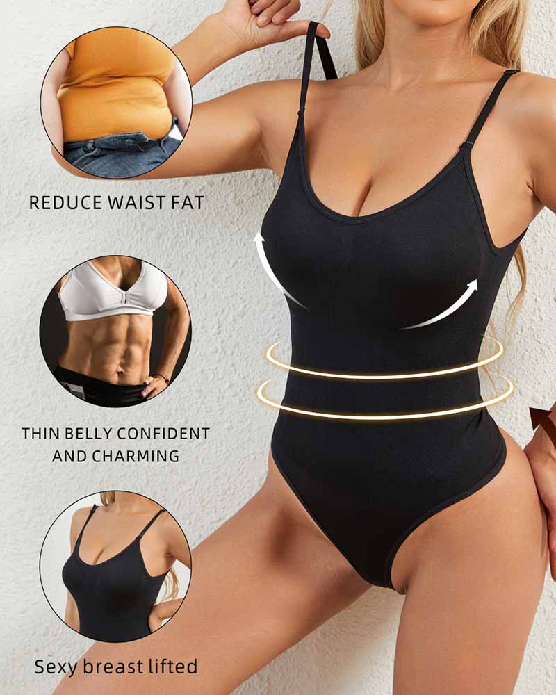Seamless Round Neck Tummy Control Thong Tank Top Body Shaper Bodysuits  - By Qivii