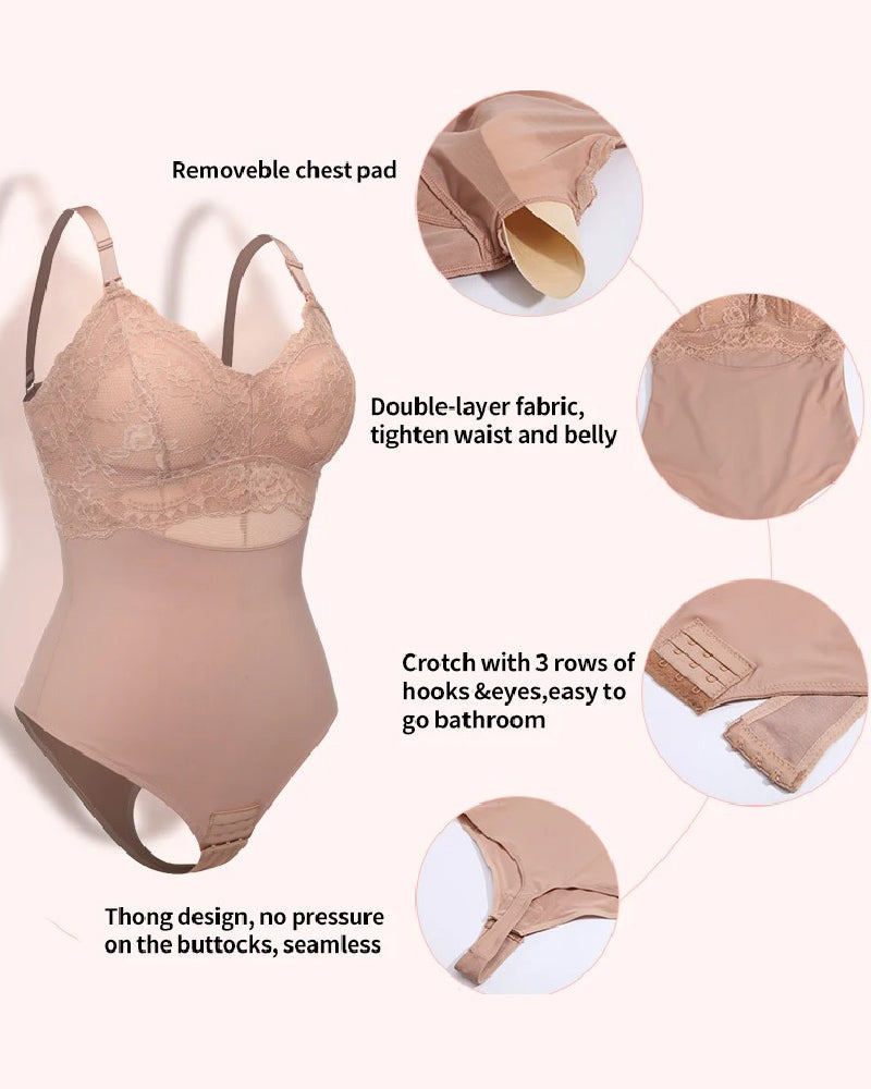 Seamless Lace Slimming Waist Bodysuit Tummy Control Thong Shapewear With Bra  - By Qivii