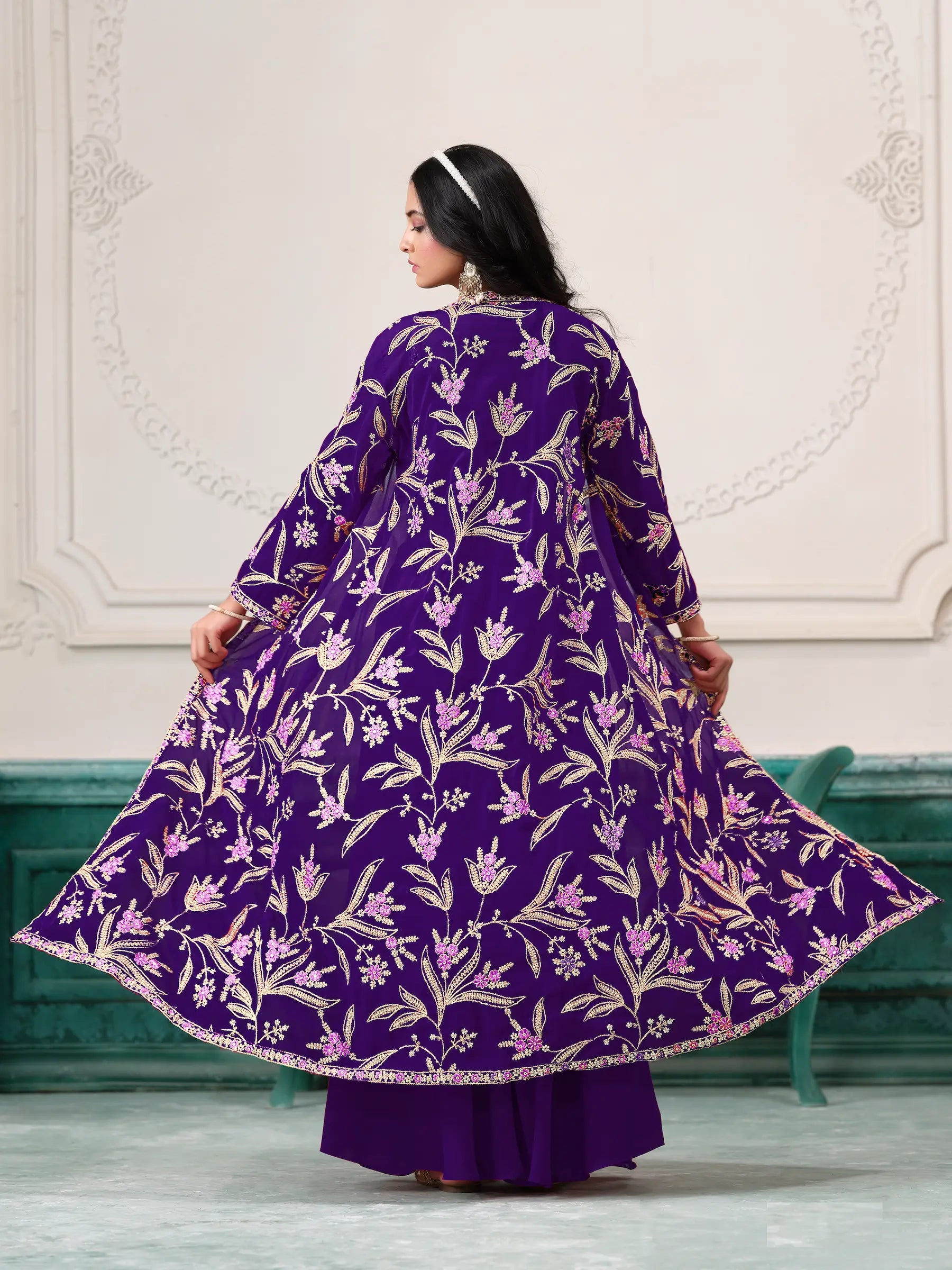 Purple Georgette Indo Western Set With Thread & Sequins Embroidery Work - qivii