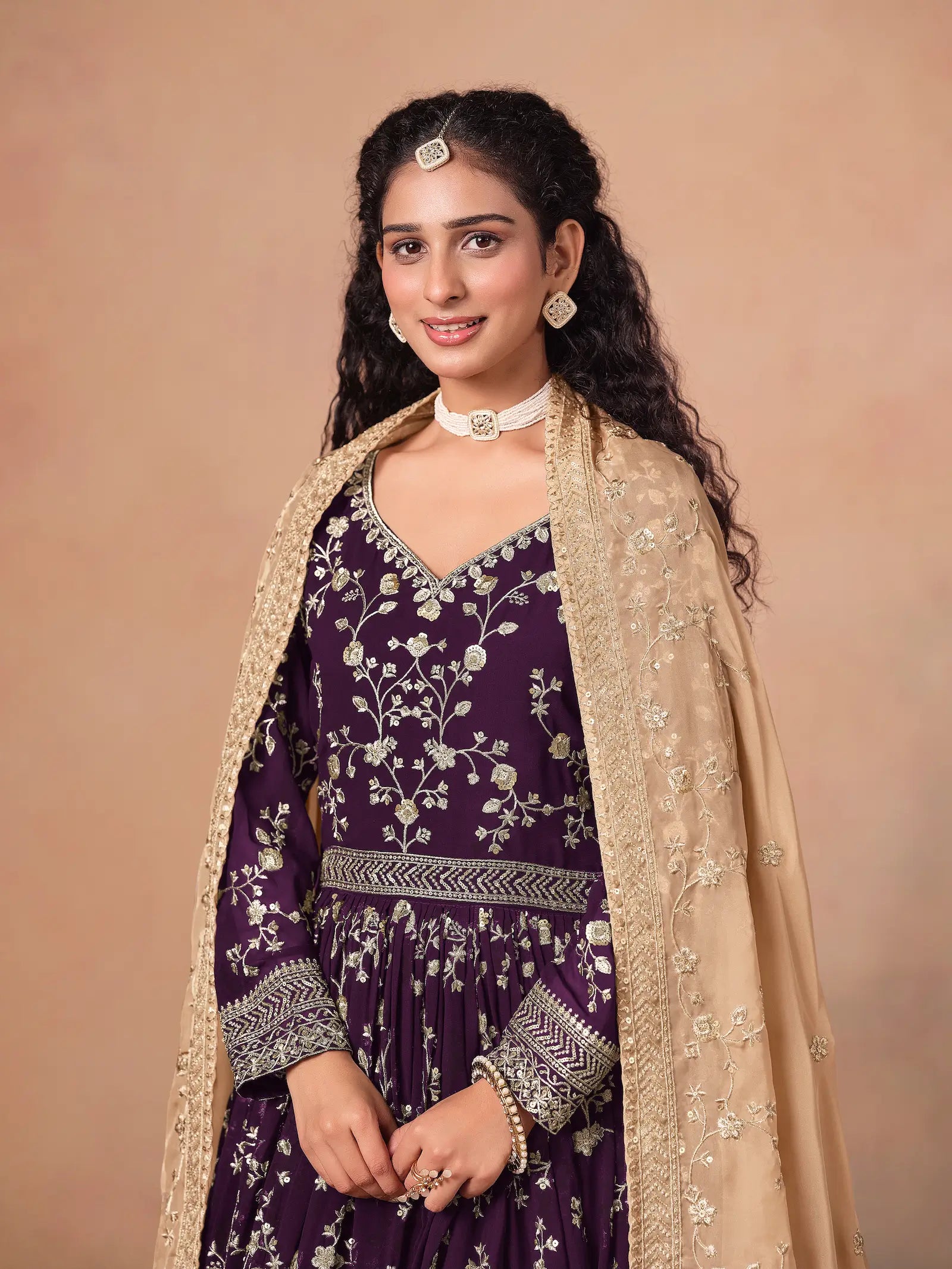 Purple Georgette Embroidery Gown With Organza Dupatta - qivii