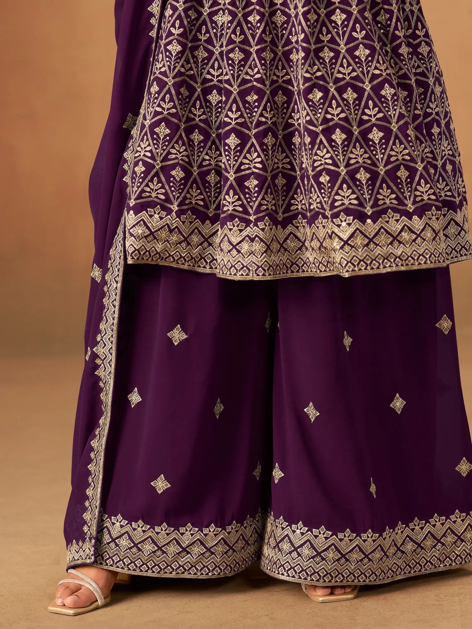 Purple Georgette Embroidery Work Palazzo Set - qivii