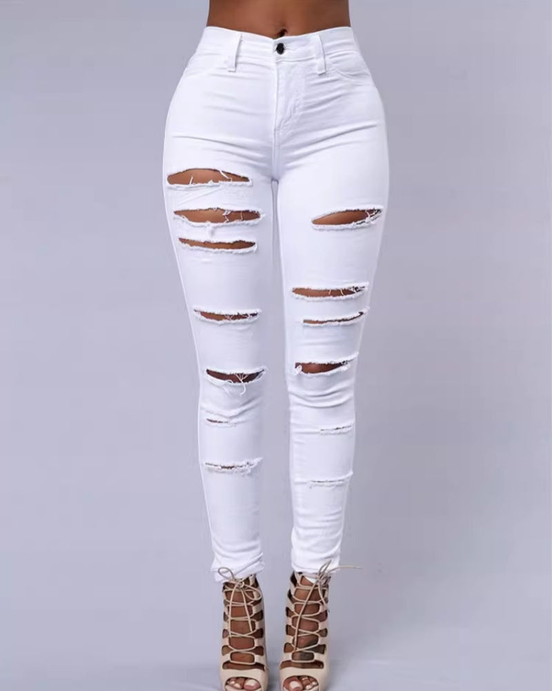 High-waist Stretch Ripped Skinny Jeans  - By Qivii