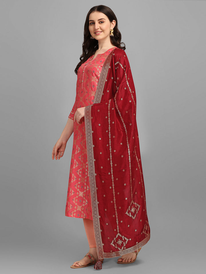 Pink Meena Jacquard Kurta Suit Set by Qivii