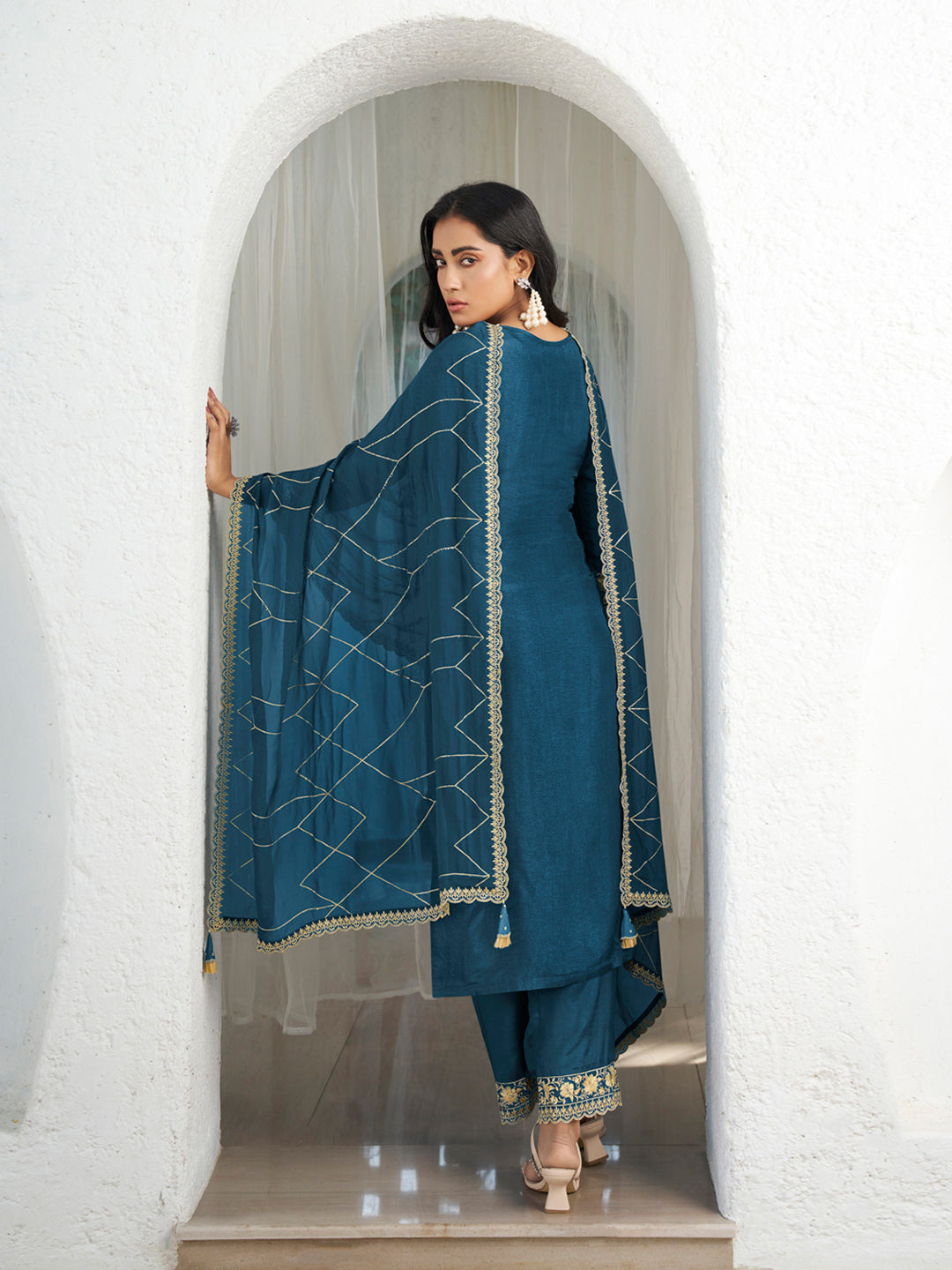 Teal Blue Threadwork Kurta Set with Dupatta by Qivii