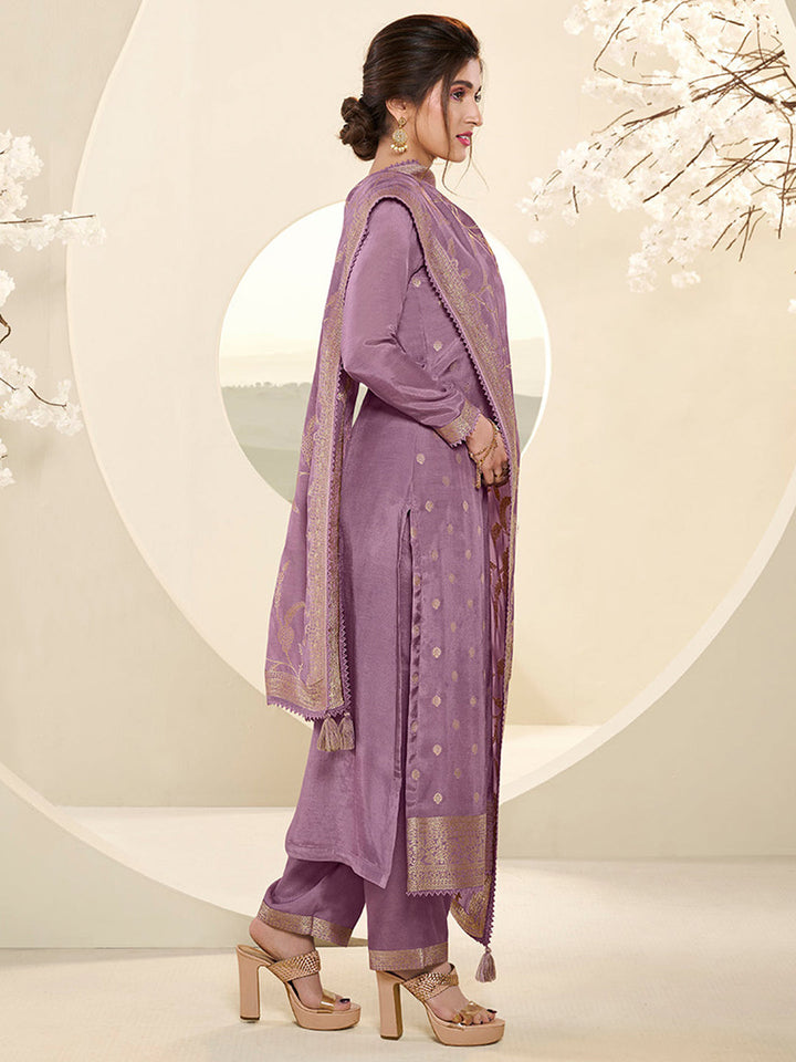 Wisteris Purple Muslin Jacquard Kurta Suit Set with Champagne Thread Weave and Pencil Sketch Weave Yoke by Qivii