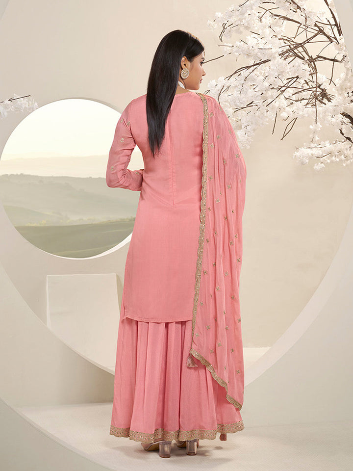 Peach Pink Floral Pattern, Thread with Sequins & Zari Embroidered Sharara Suit Set by Qivii