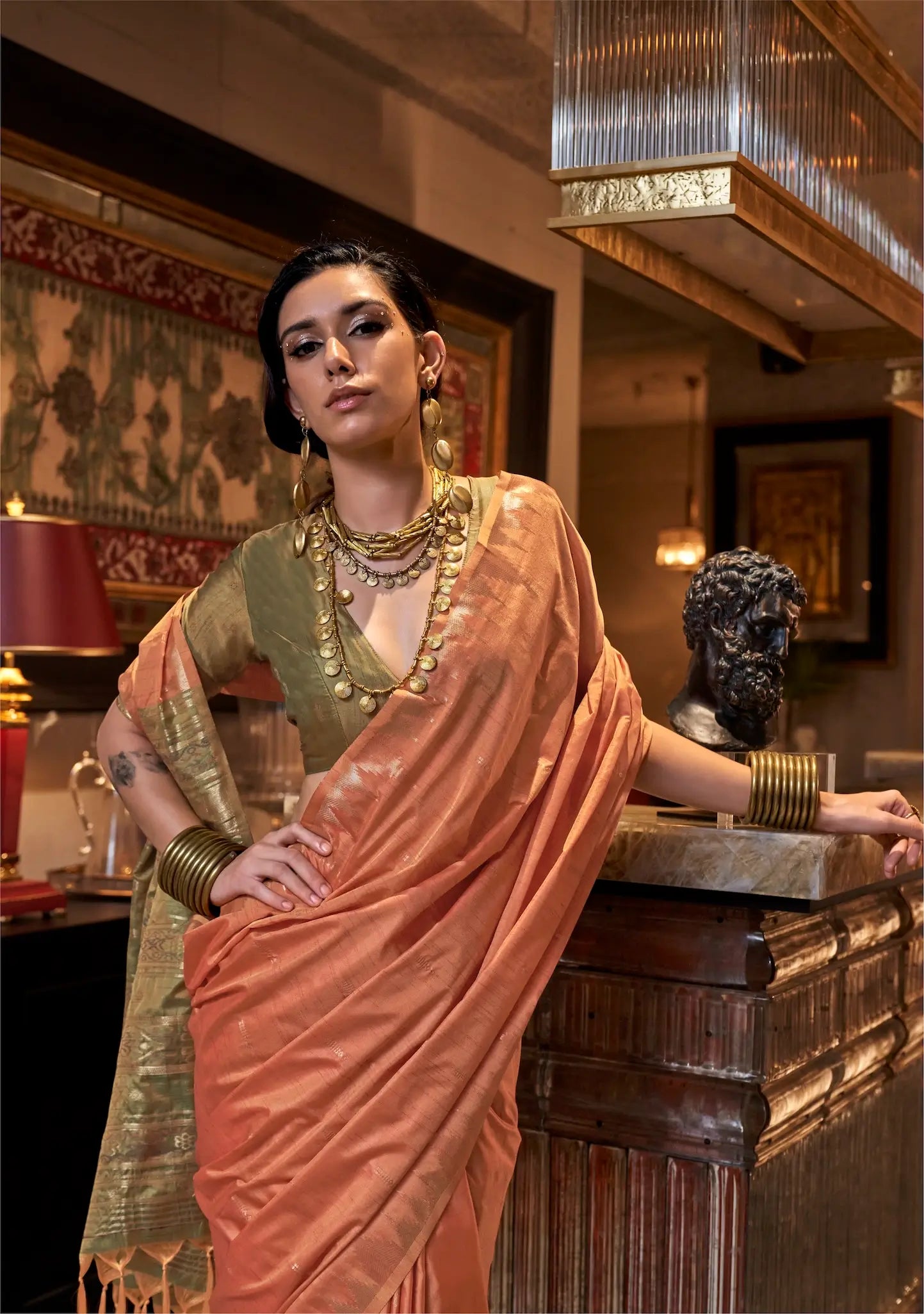 Orange Silk Saree With Contrast Ikkat Design Pallu - qivii