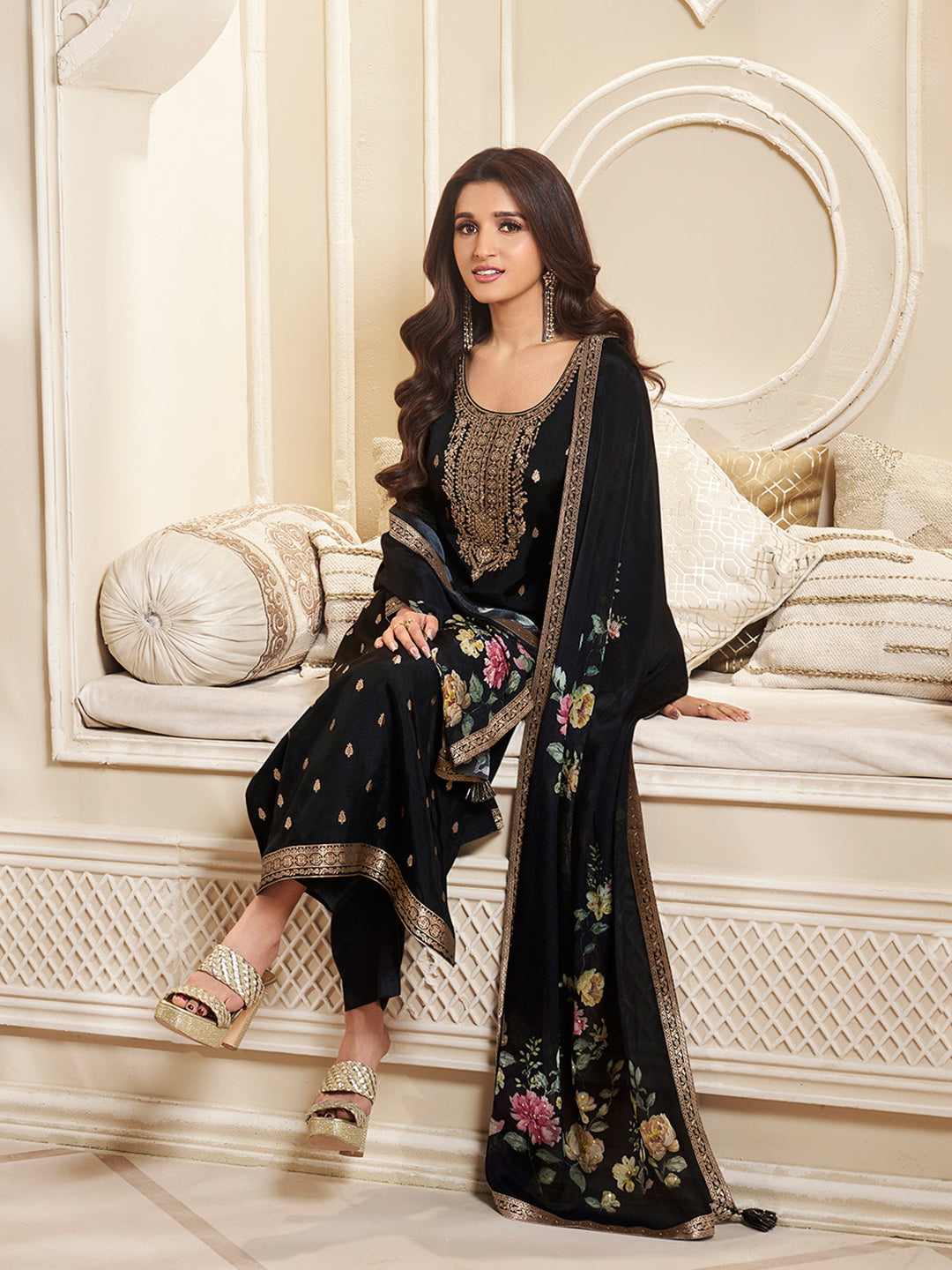 Dola Silk Jacquard Black Kurta With designer Yoke and handwork  with trousers and Dupatta