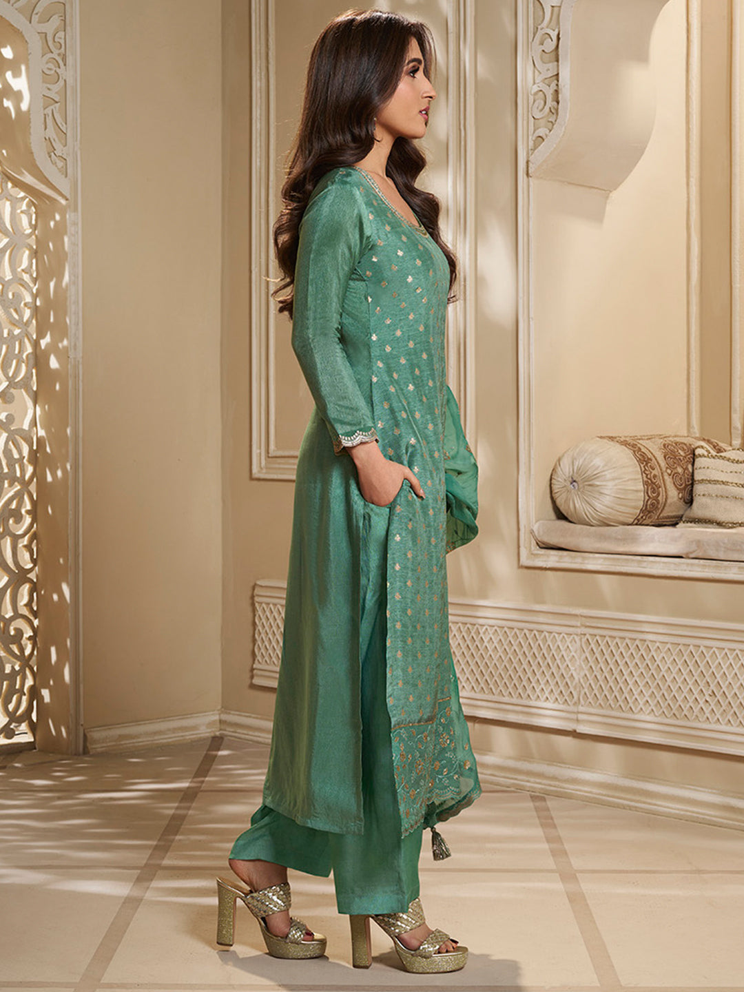 Green Dola Jacquard Kurta Suit Set with Embroidered with Thread and Sequins Work by Qivii