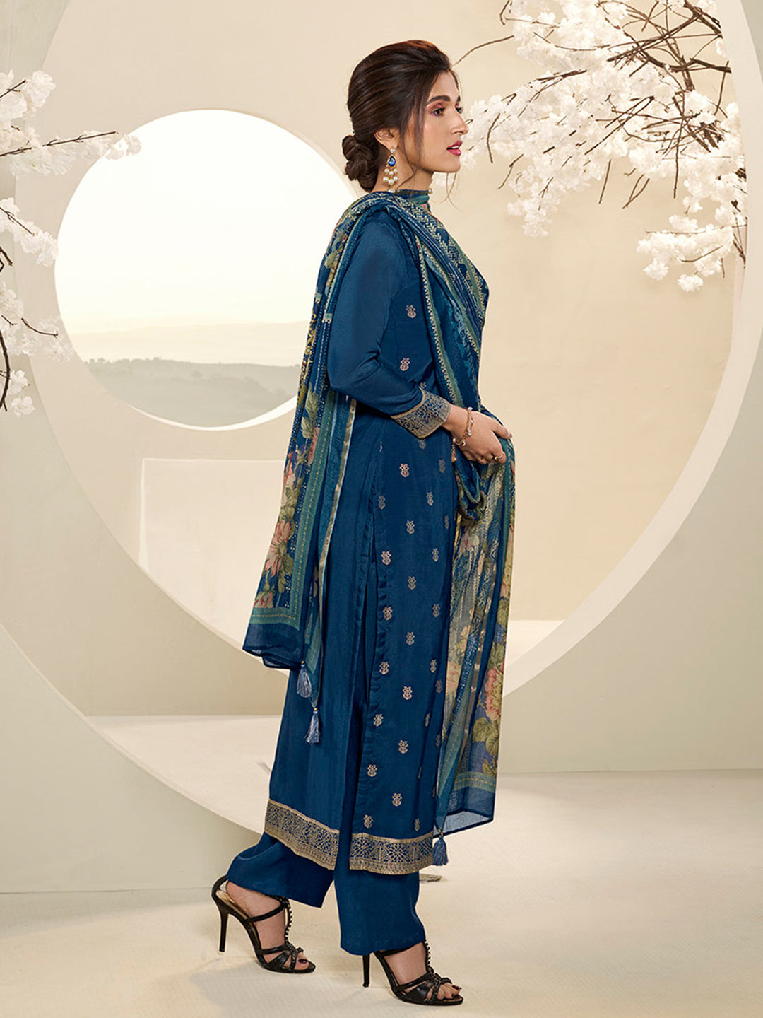 Muslin Jacquard Kurta Suit Set with Pencil Sketch Weave Handwork on Yoke