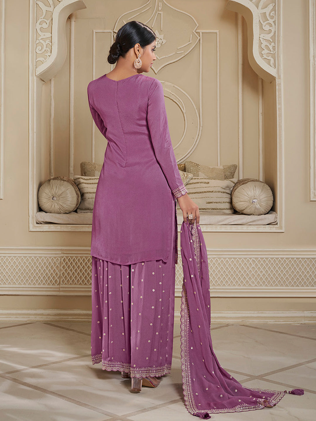 Twilight lavender Floral Pattern, Thread and Sequins Embroidered Sharara Suit Set by Qivii