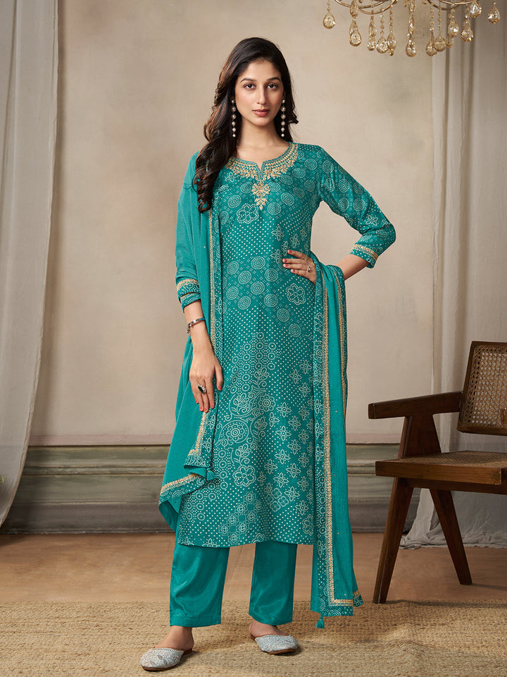 Turquoise Dola Bandhni Printed with Embroidery Kurta Suit Set