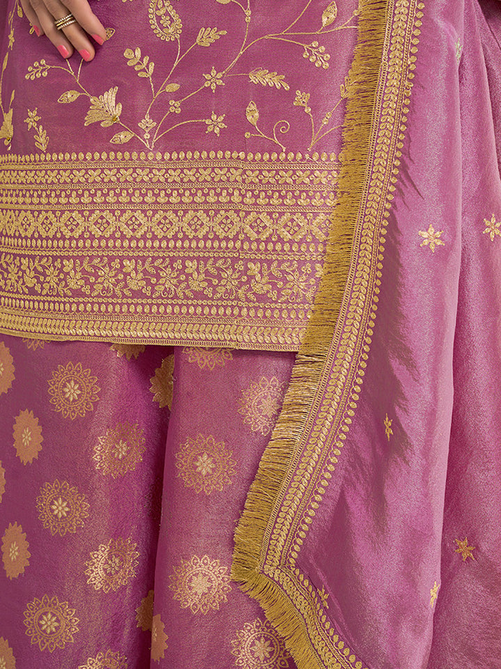 Lavender Tissue with Pitta work Gold Jhalar Dupatta Sharara Suit Set