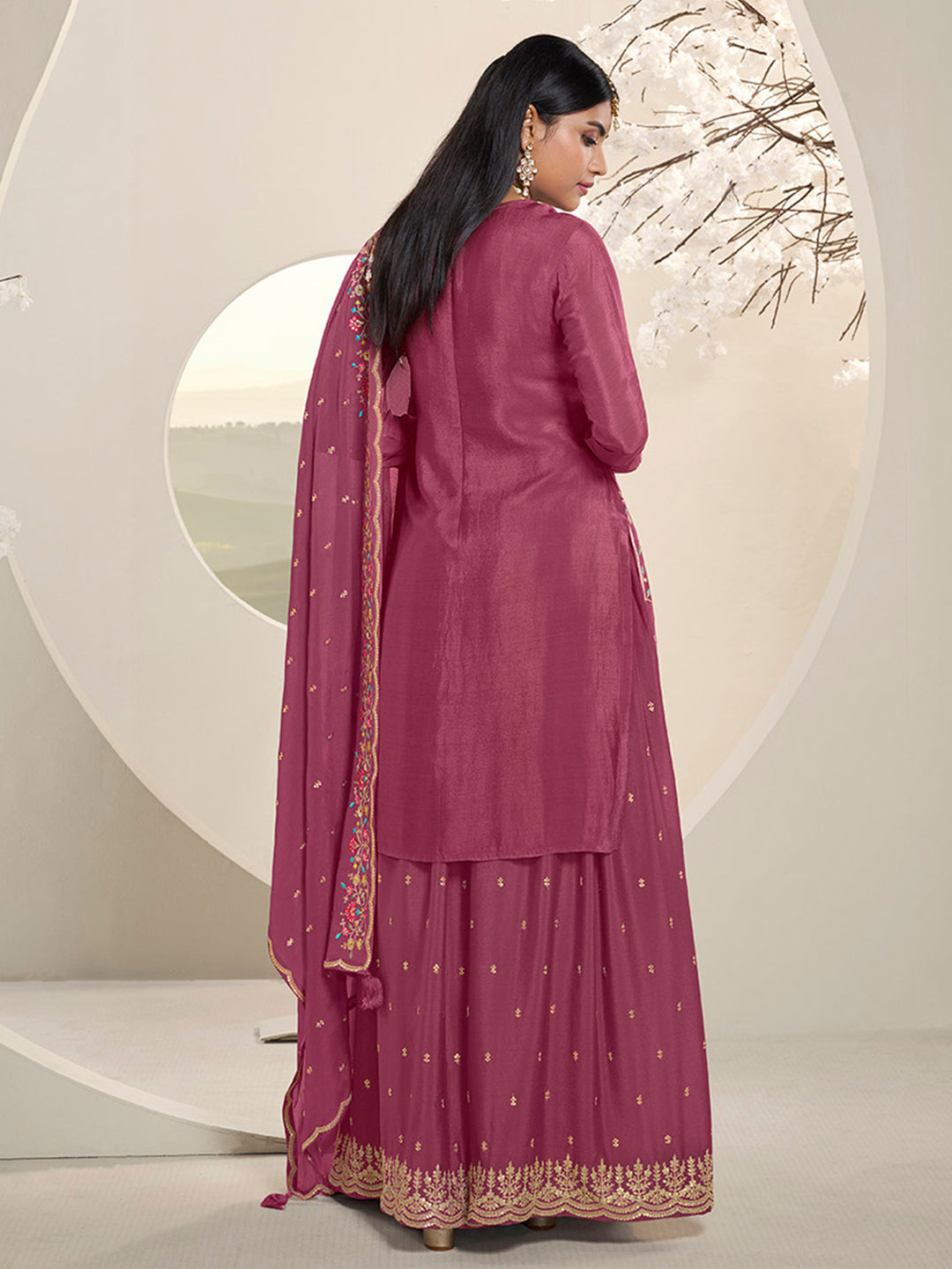 Dark Pink Sharara Suit Set with Floral & Embroidery Design