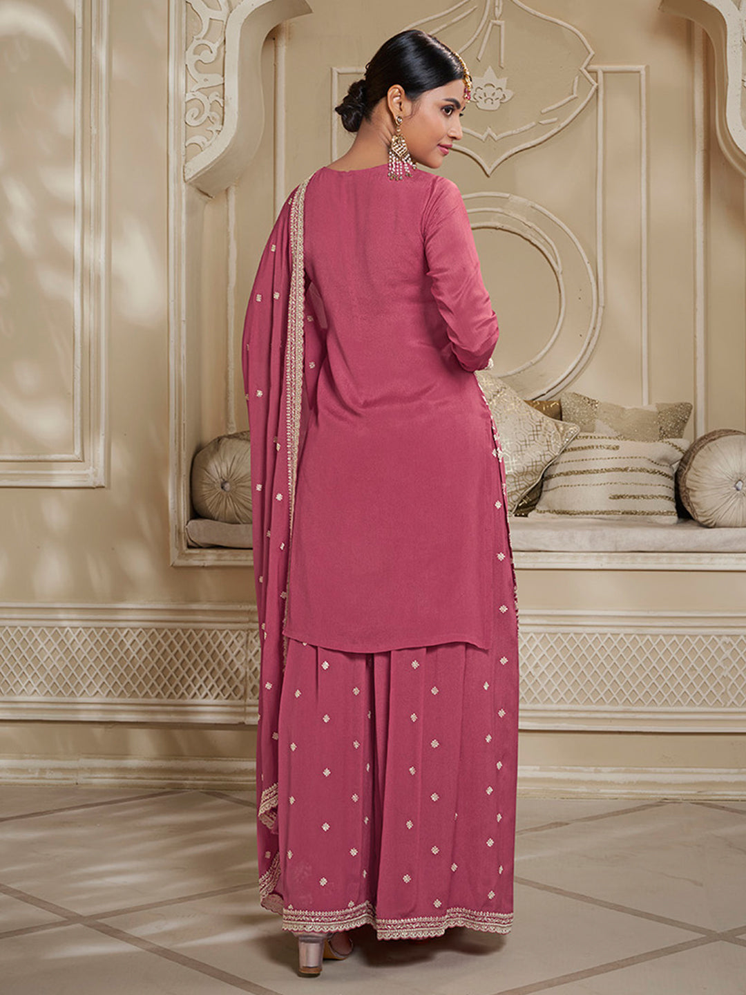 Deep Rose Floral Pattern, Thread and Sequins Embroidered Sharara Suit Set by Qivii